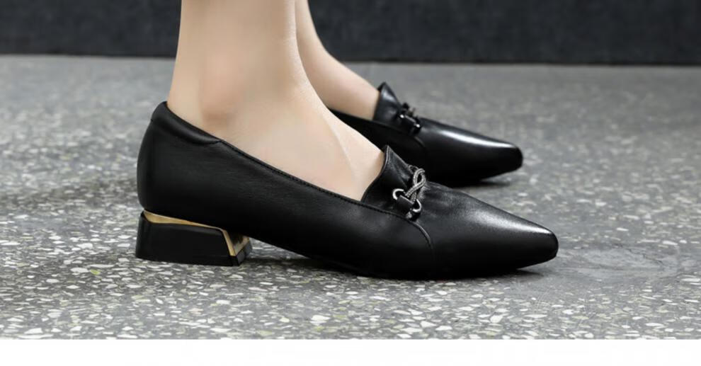 船鞋女中低跟单鞋女春秋季粗跟浅口一脚蹬乐福鞋尖头小皮鞋黑色35