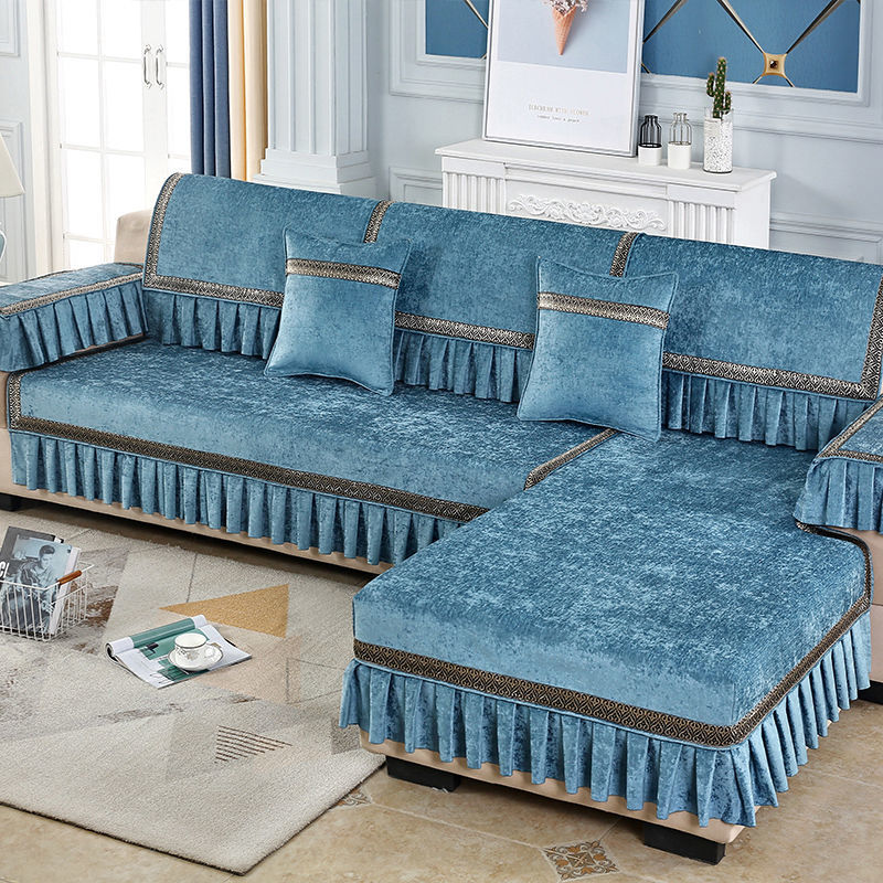 欧式四季通用沙发套罩一套防滑雪尼尔布艺沙发垫组合定做猫蓝342片状