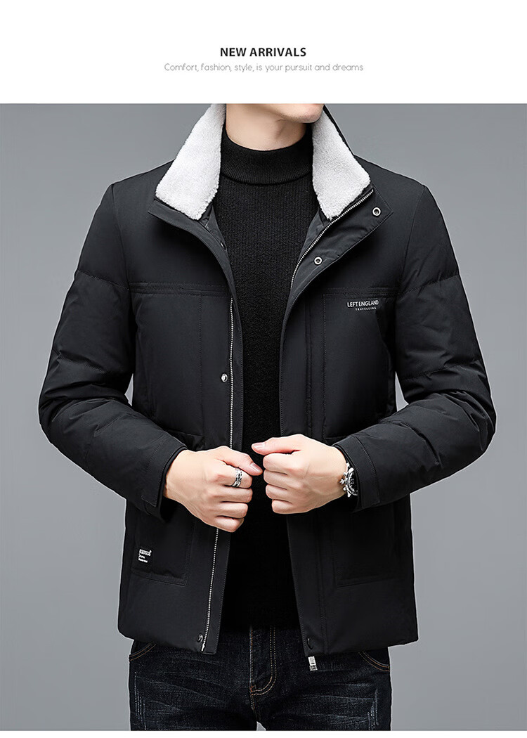 老爷车羽绒服男冬季短款外套男可脱卸纯羊毛领立领保暖 黑色 m【图片