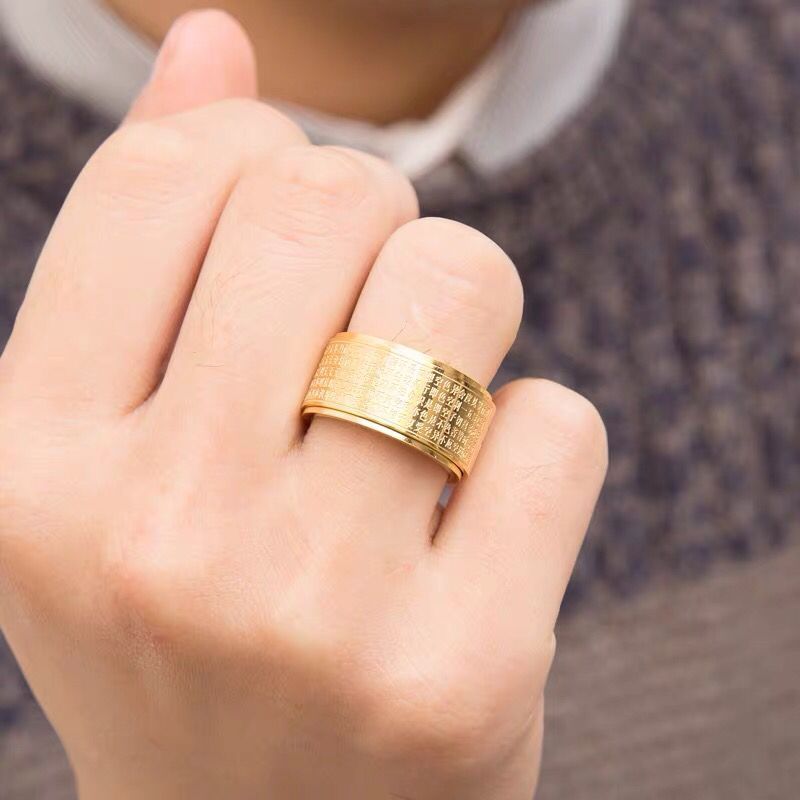 转动款佛家本命佛心经戒指钛钢食指环个性霸气潮男扳指戒佛金色心经