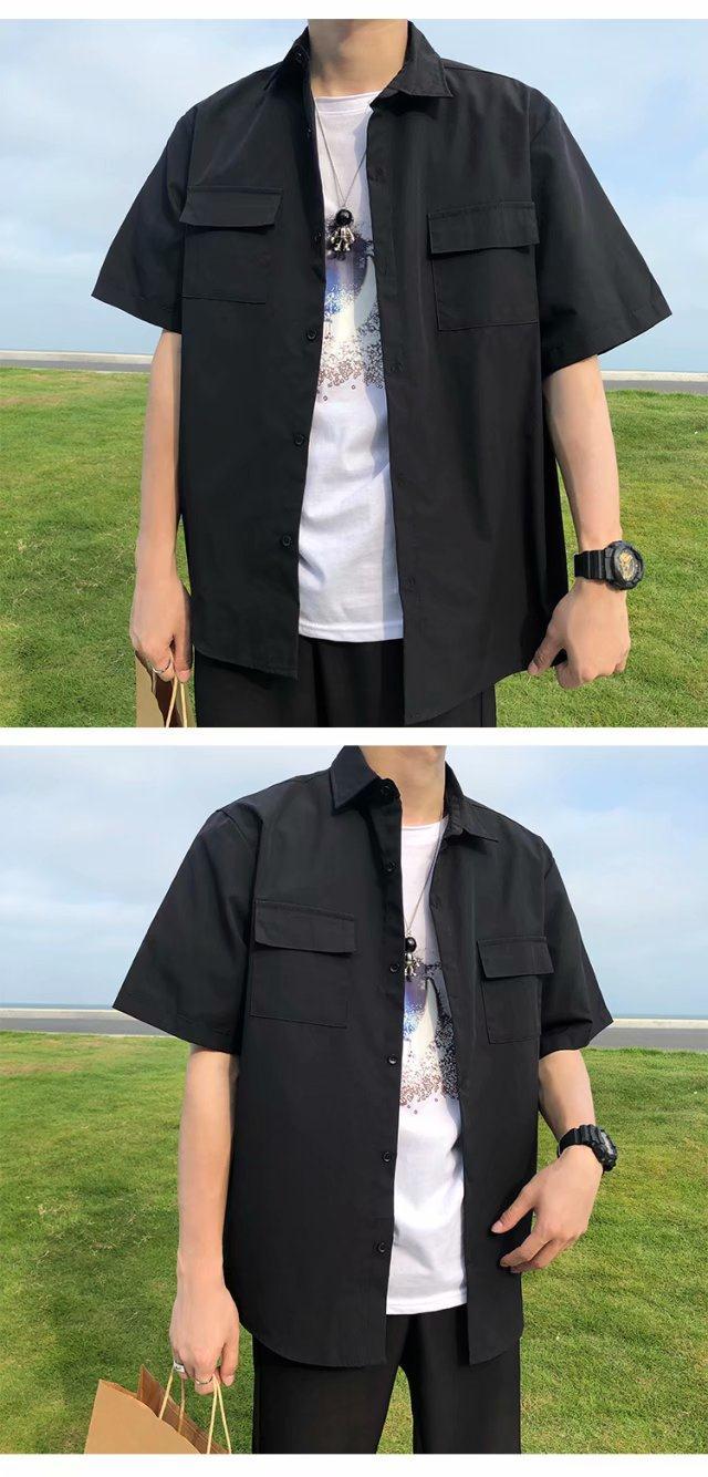 2022短袖衬衫男学生韩版休闲潮流宽松工装外套男士五分袖衬衣夏季c01