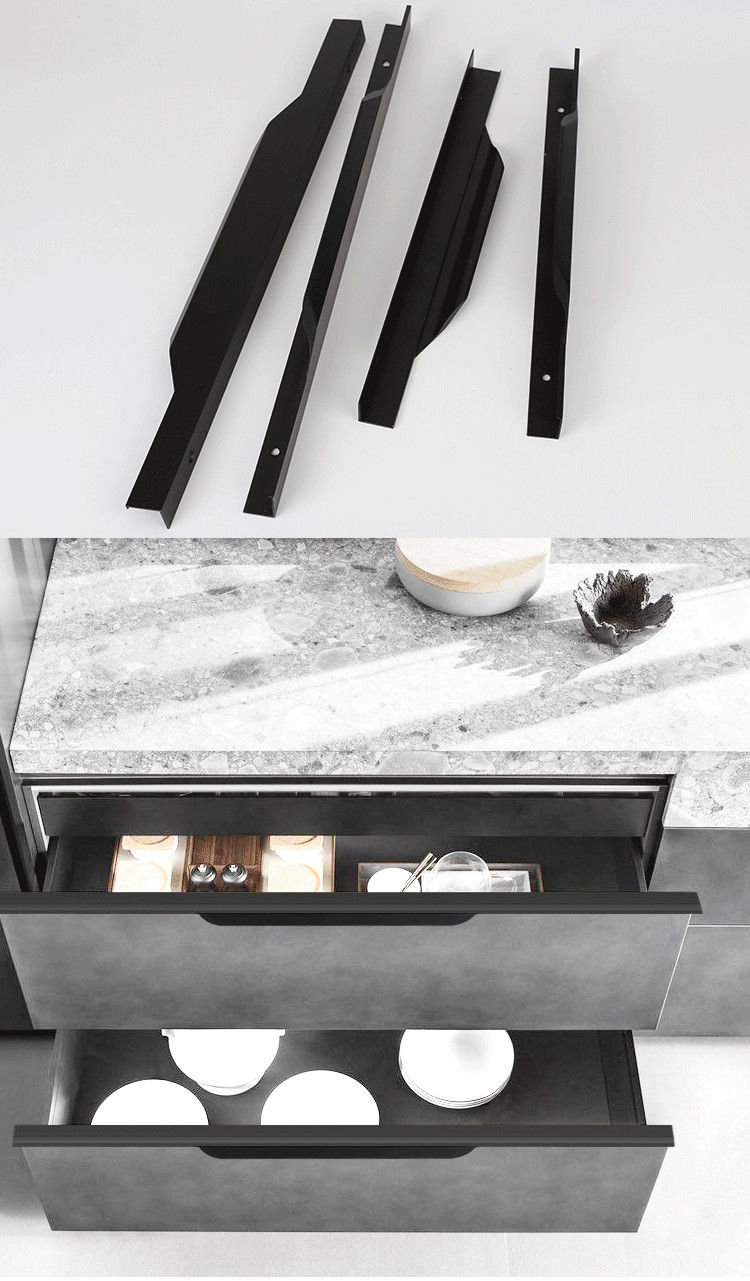 定制拇指款拉手橱柜免开槽隐形通体抽屉轻奢通顶封边衣柜柜门把手黑色