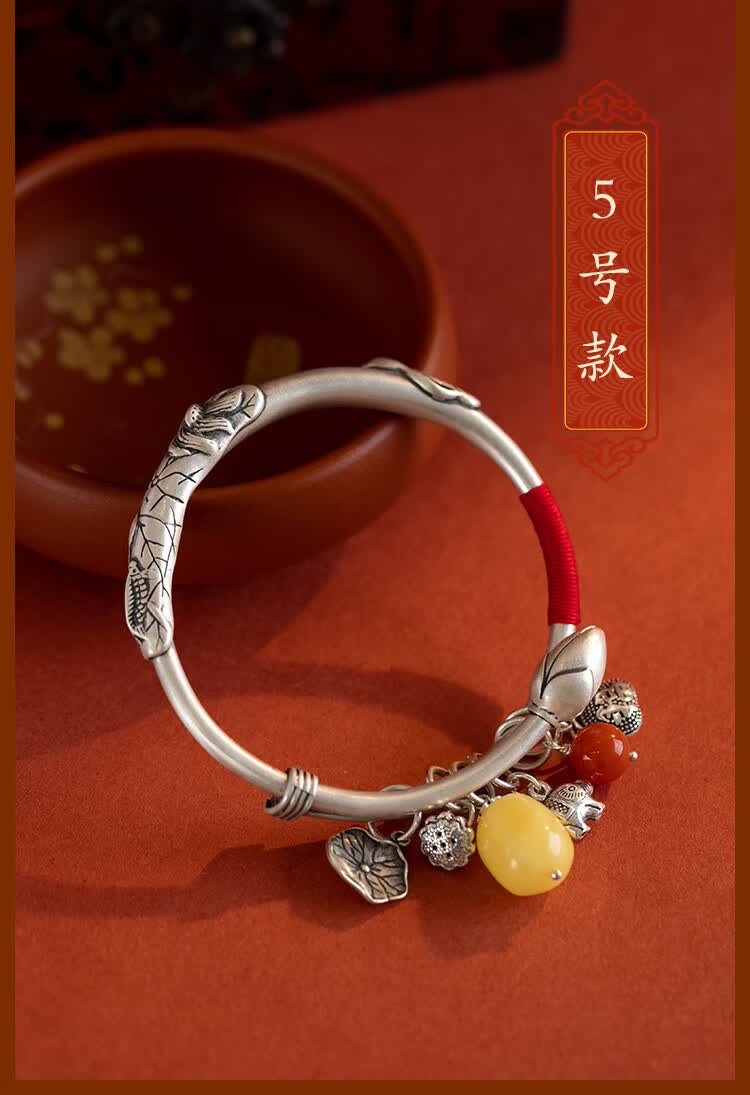 kingdom银手镯女士银妈妈款999足银民族风重工复古荷花莲花古风银镯子