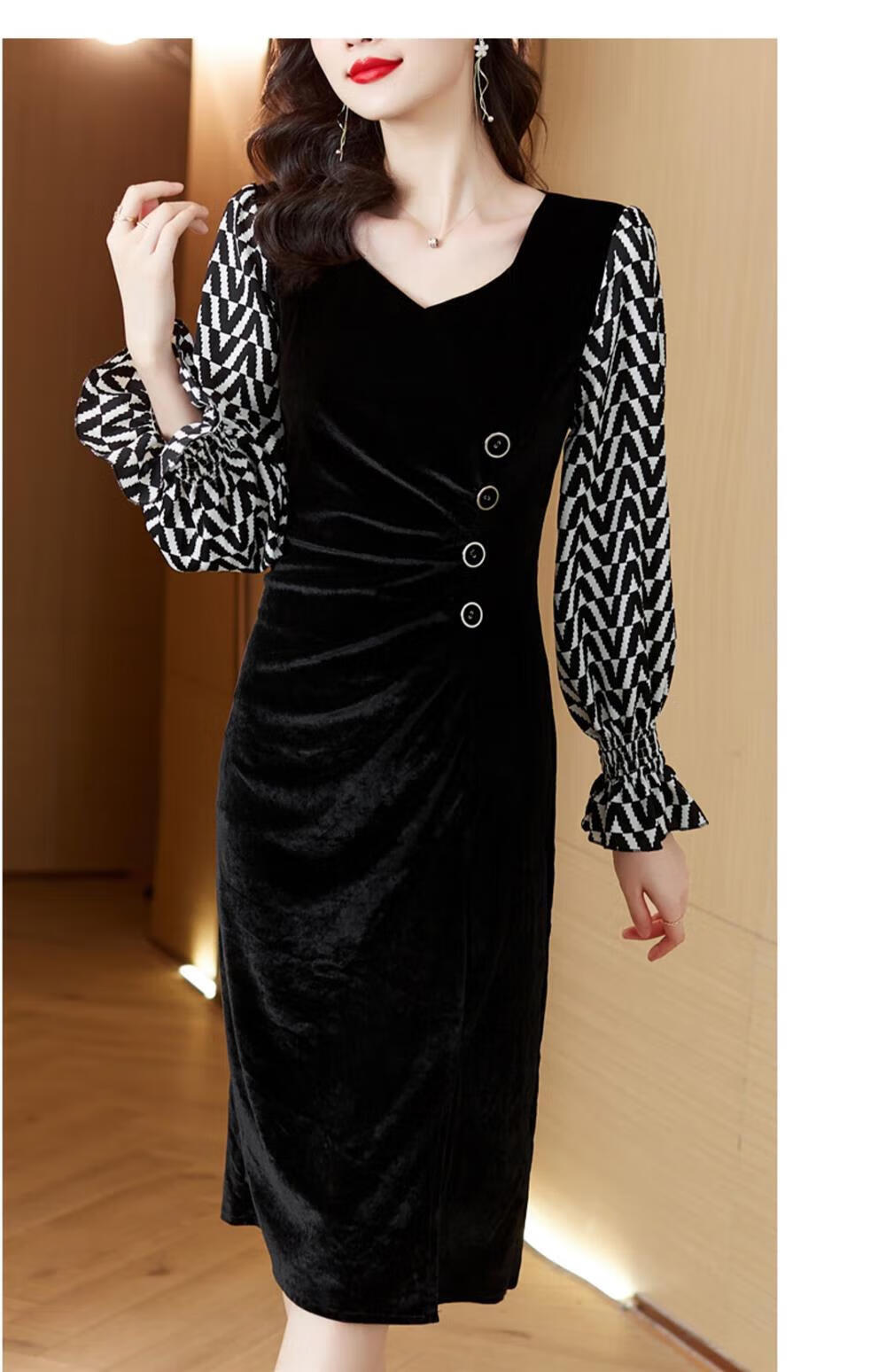 鸡心领长袖女连衣裙高端洋气高贵气质丝绒秋冬收腰显瘦开叉裙子 黑色