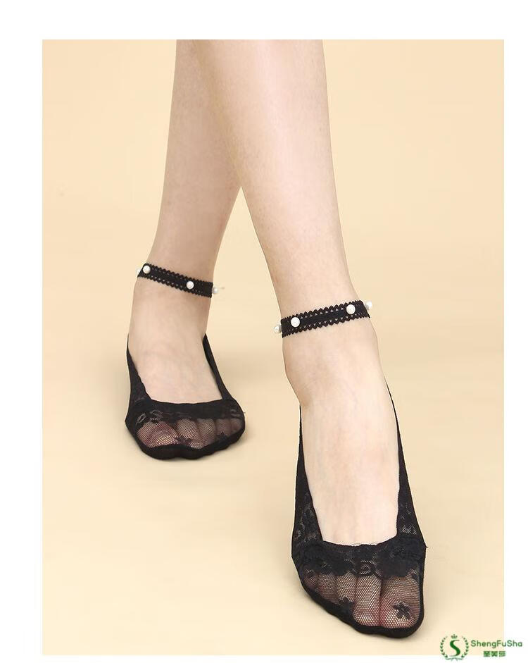 圣芙莎女蕾丝袜子浅口防滑不掉跟珍珠女袜薄款棉底透气绑带带硅胶袜套