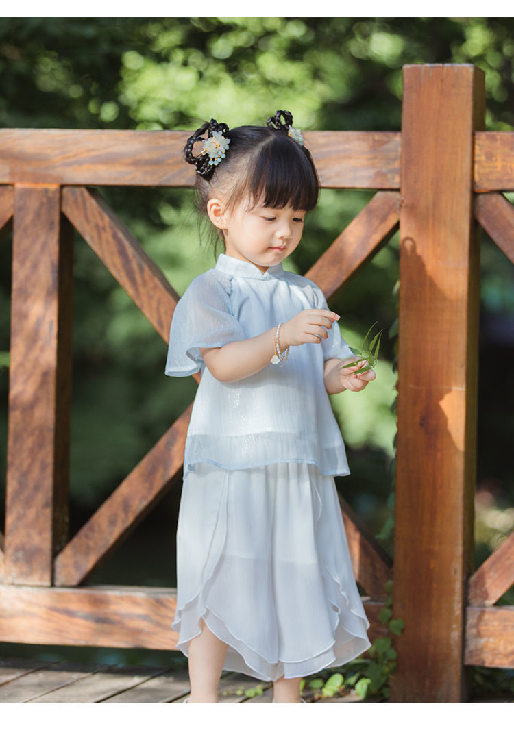 漢服女童夏兒童唐裝中國風古裝超仙褲裙小女孩套裝蟬衣生日禮物藍色