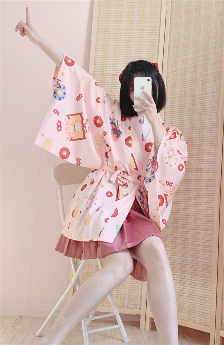 日系软萌妹开衫和服浴衣和风羽织可爱少女晒上衣短外套女酒红羽织均码