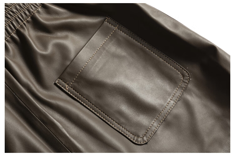 真皮短裤新款宽腿高a级小羊皮女皮裤松紧腰时尚裤子直筒裤 利休白茶色