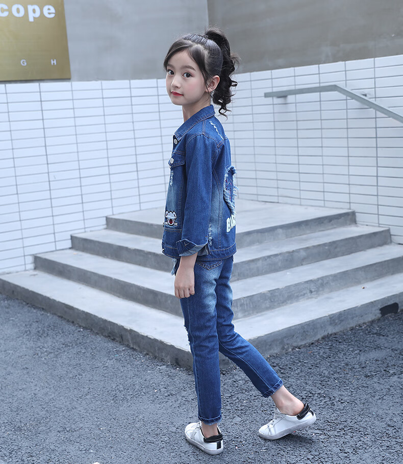叠曼童装女童牛仔套装秋装新款3儿童牛仔外套 牛仔裤6中大童女孩连帽
