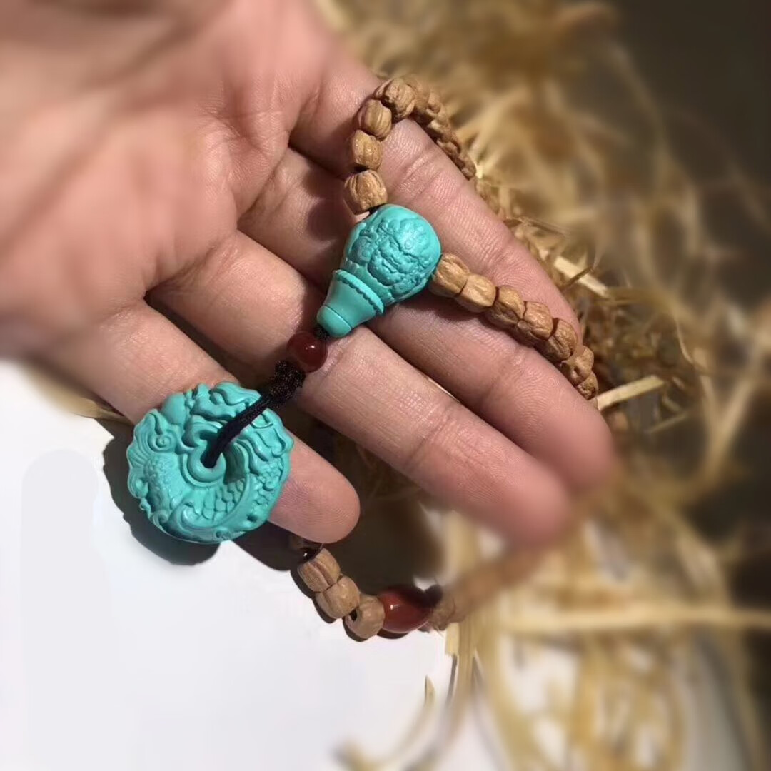 硕熙优化高瓷绿松石108手串套装优化龙扣吊坠雕刻三通百香籽文玩配饰