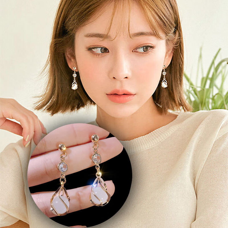 女长款耳饰简约耳坠网红耳钉流苏珍珠韩版百搭依莲妃猫眼石款式四银针
