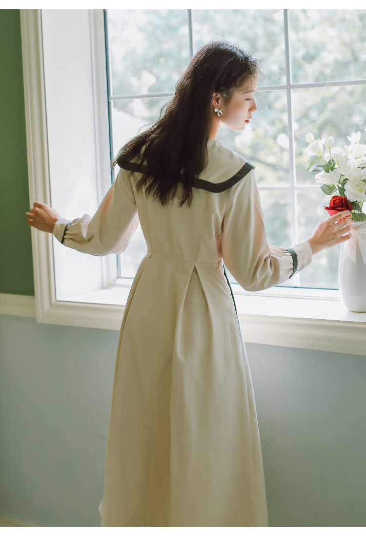 海军风翻领中长裙女收腰显瘦秋冬2020新款文艺复古长袖连衣裙过膝