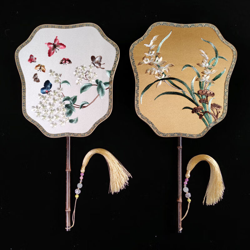 飞仙型苏绣花扇子双面刺绣异色团扇古典国风宫廷复古风紫竹大扇子简梓