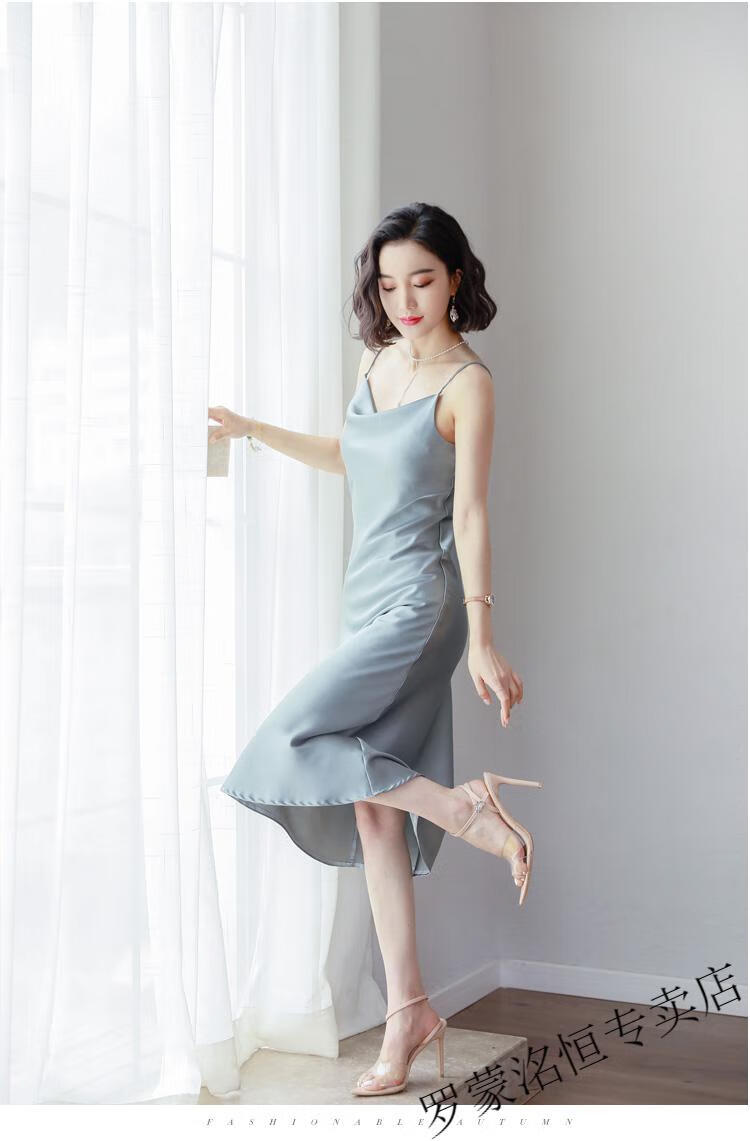 罗蒙romon高档品牌冰丝吊带睡裙女性感睡衣长裙过膝修身真丝绸吊带