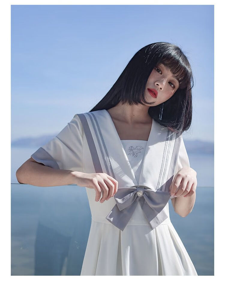 水手服海军领短袖初恋白色水手服女夏季学院风蝴蝶结制服长裙子 10107