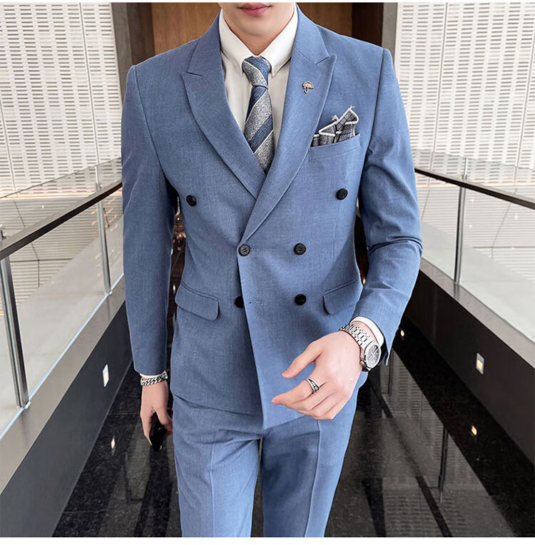 罗蒙romon品牌感双排扣西装男夏季薄款浅蓝色西服套装男修身新郎结婚