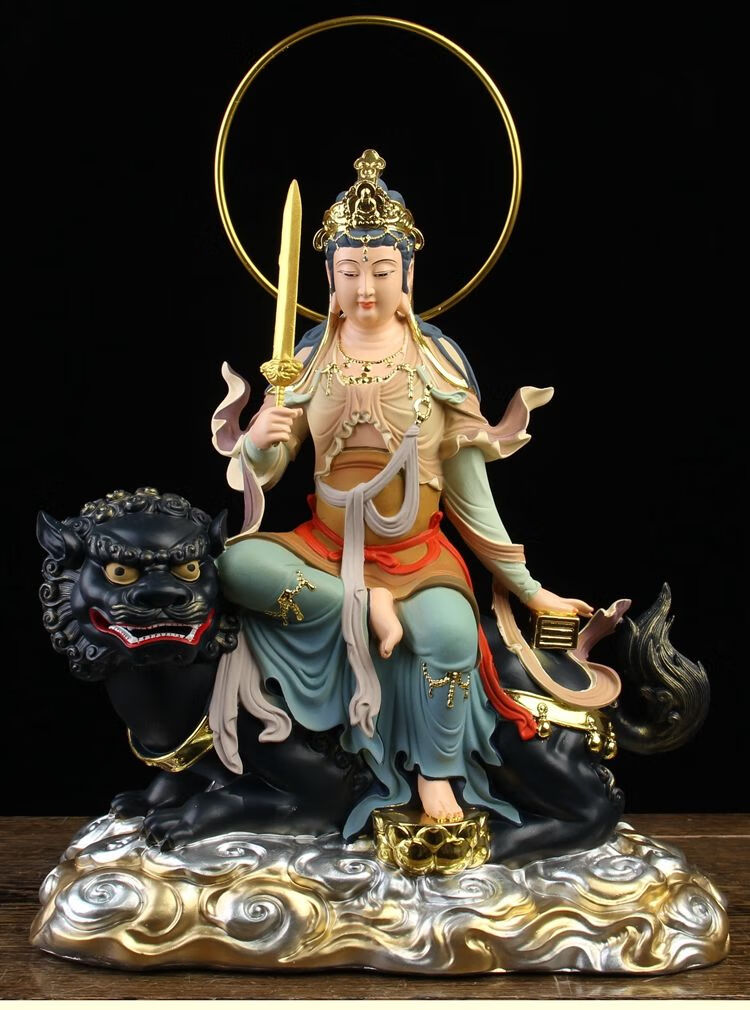 文殊菩萨普贤菩萨佛像供奉家用树脂华严三圣佛坐骑狮子文殊摆件 12
