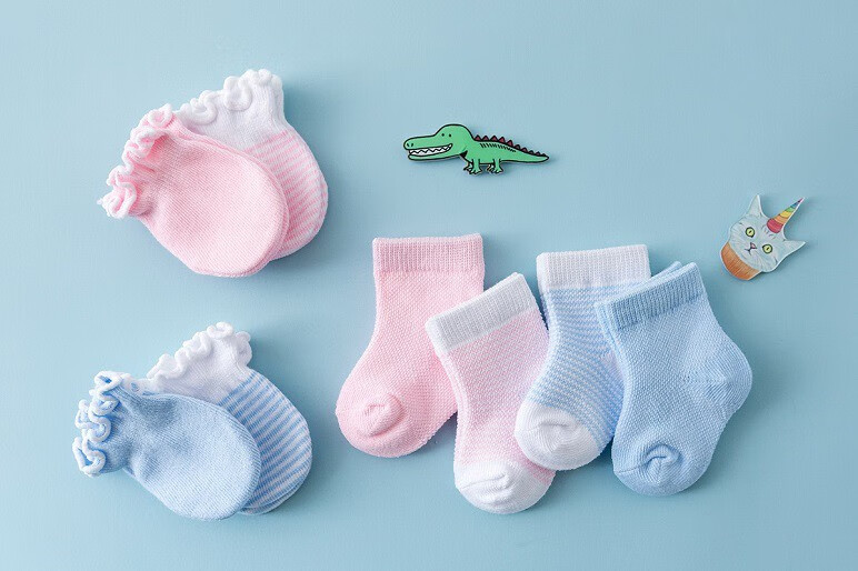 简梦伊新生儿袜子棉a类婴儿新生儿手套袜子套装网眼4双装套装棉防抓仿