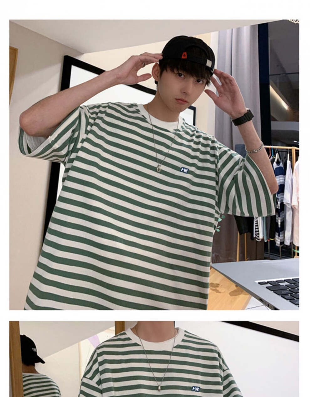 mystyle官方夏季日系蓝色条纹短袖t恤男女ins港风原宿男生宽松休闲