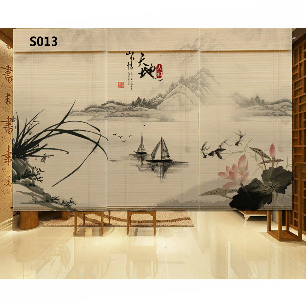 竹席窗帘定制印花遮光山水复古装饰卷帘客厅挂画茶室隔断中式竹帘窗帘