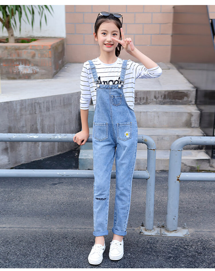 小学生背带裤女孩吊带裤夏季牛仔裤新款春秋套装韩版宽松中大童长裤子