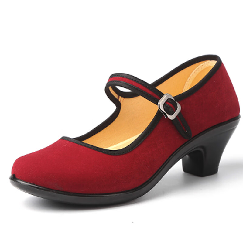 老北京布鞋女高跟礼仪鞋广场舞鞋酒店工作鞋士黑红色平绒鞋舒适不累脚