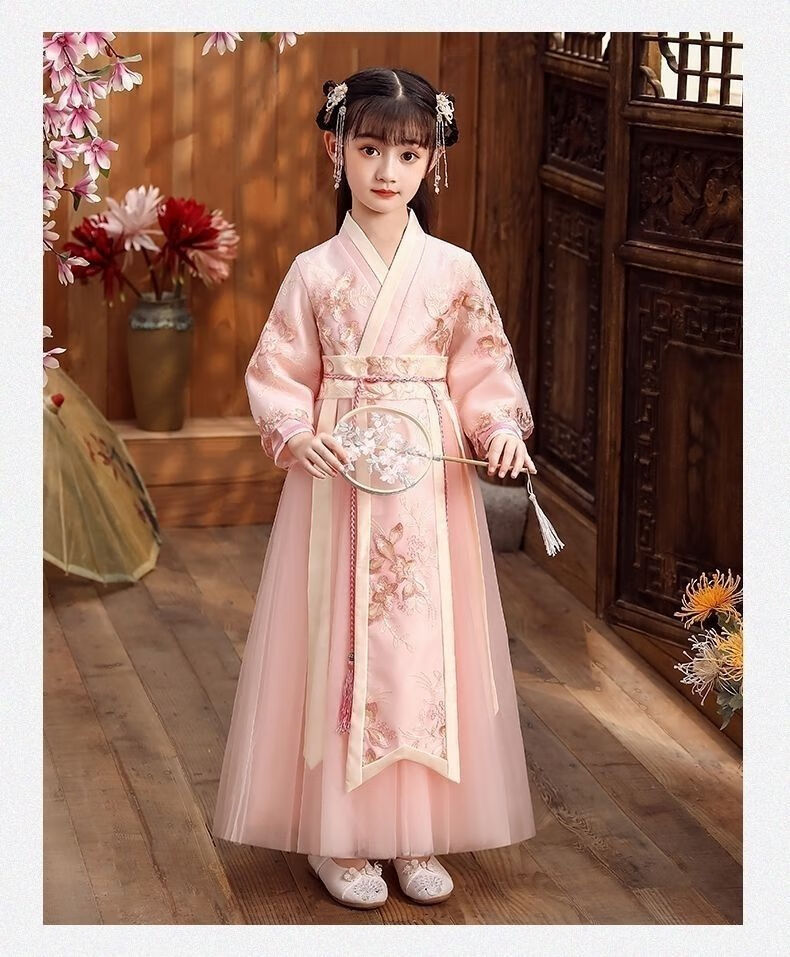 春夏装中国风公主裙古装仙女裙童装樱花旗袍b款新粉色连体裙礼品100