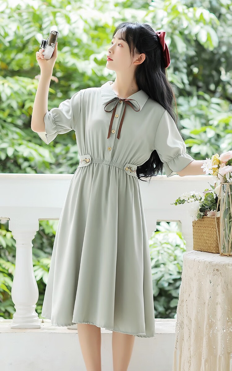 912岁初中学生雪纺收腰显瘦裙子14中长款裙子夏天女学生黄色s7080斤