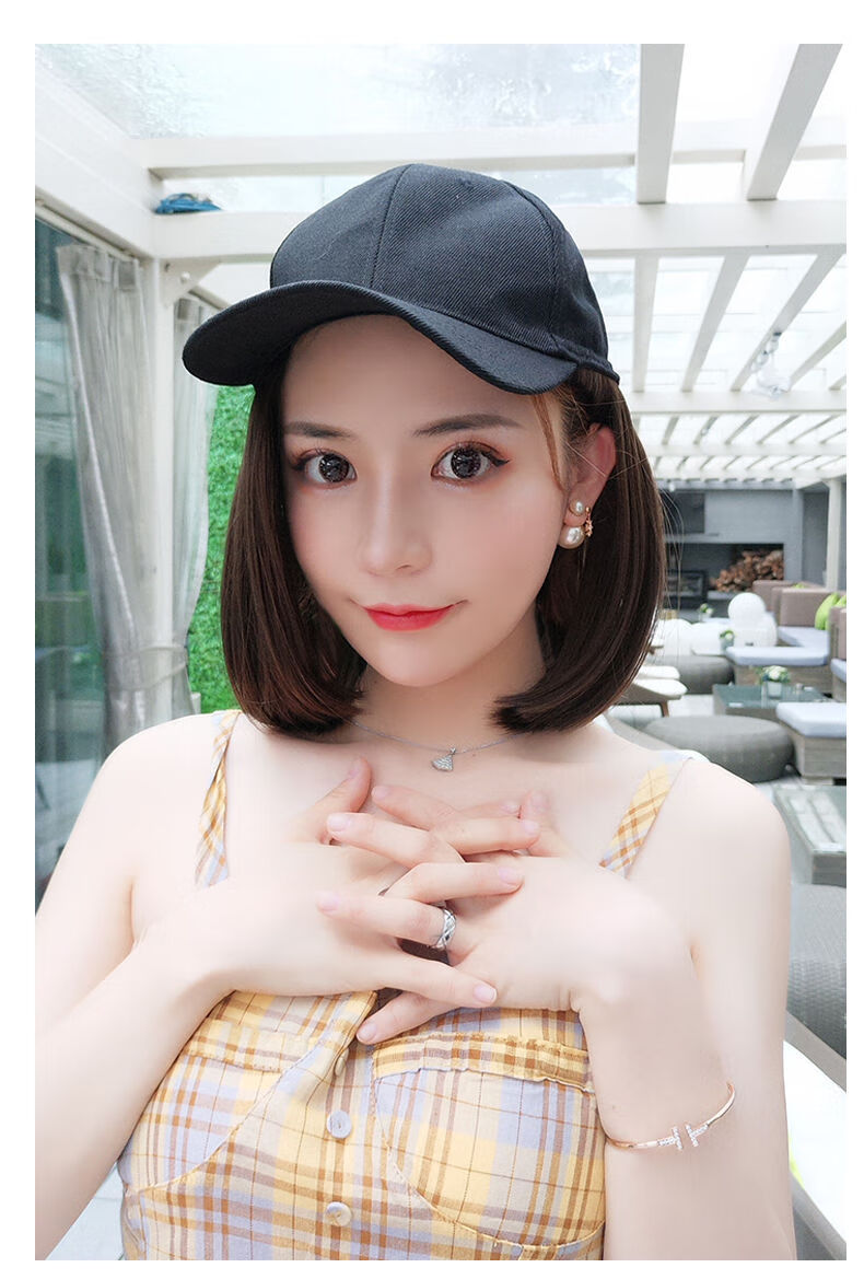 世雅帽子假发一体时尚波波头短发女夏天网红圆脸气质bobo头韩国全头套