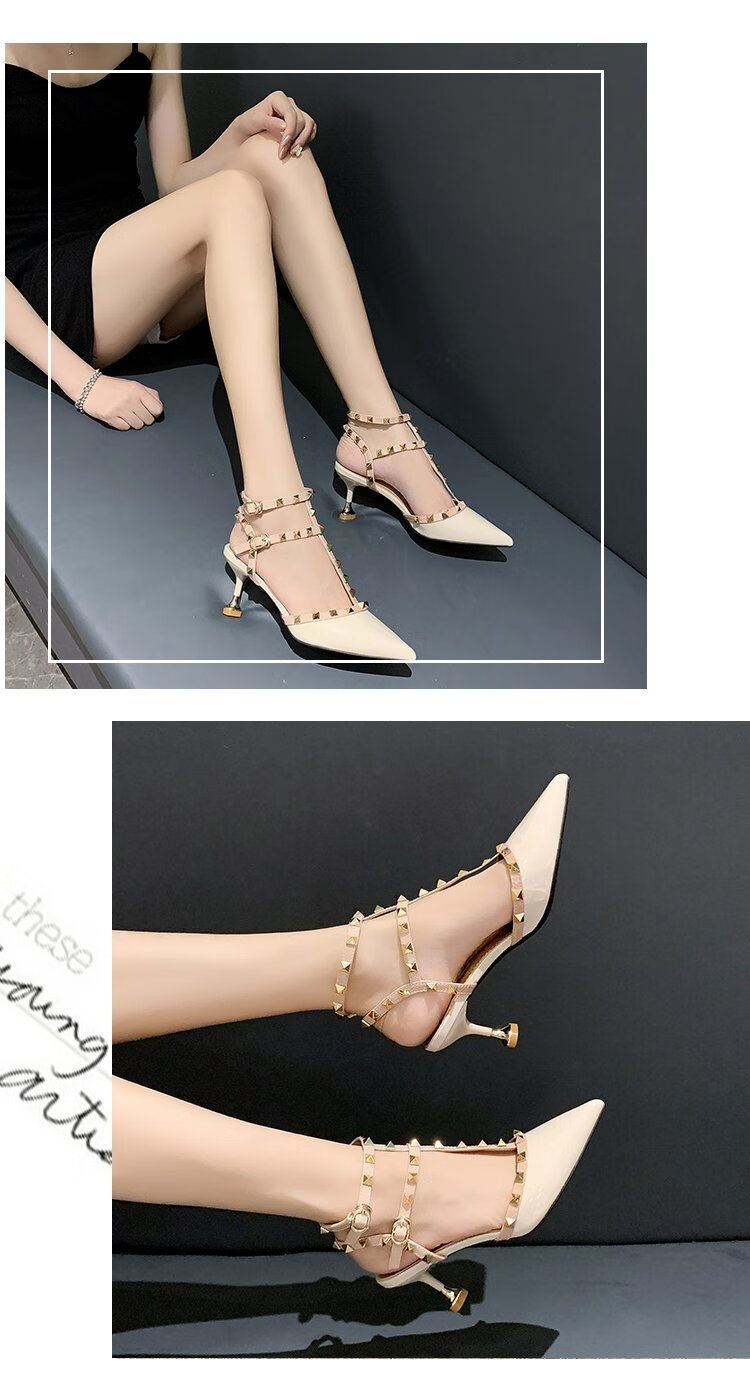 乔丹中国专卖铆钉高跟鞋女细跟尖头单鞋网红柳丁一字带包头凉鞋年