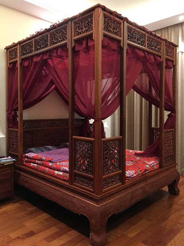 中式架子床床幔中式仿明清古典风格双月洞架子床酒红麻纱结婚喜庆防