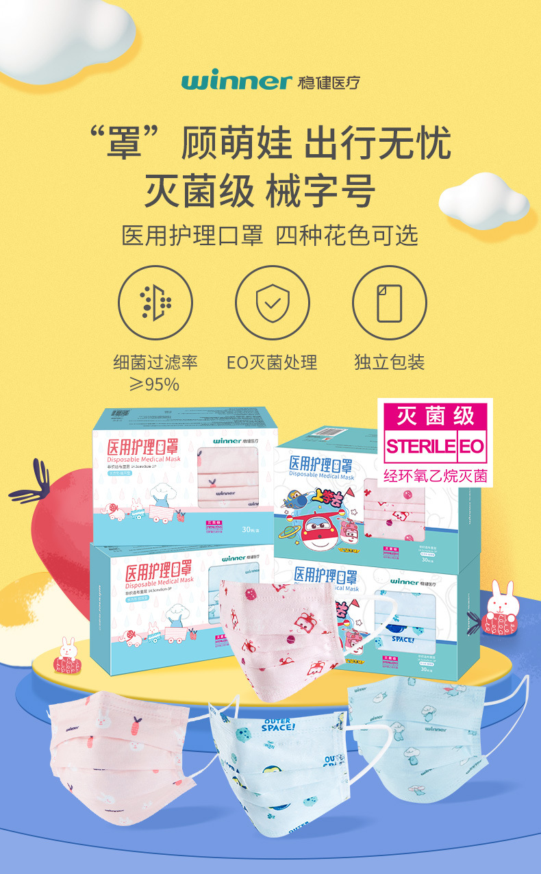 winner稳健医用护理口罩儿童卡通印花口罩一次性独立包装小学生医用