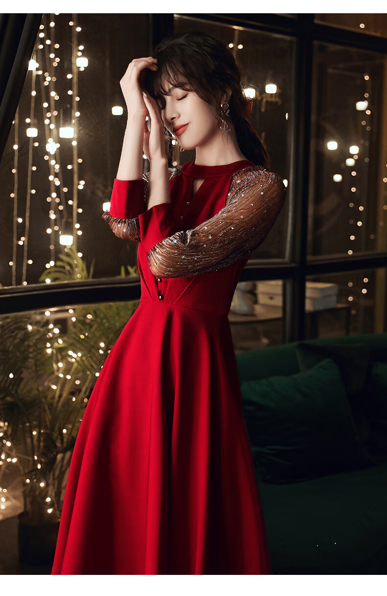 塔吉雅小礼服敬酒服平时可穿春秋款简约中长款拼接网纱宴会气质服新娘