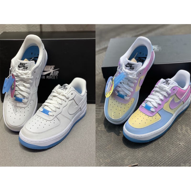 空军一号 1白蓝粉热感应变色龙泫雅四钩af1彩虹像素板鞋 彩虹像素