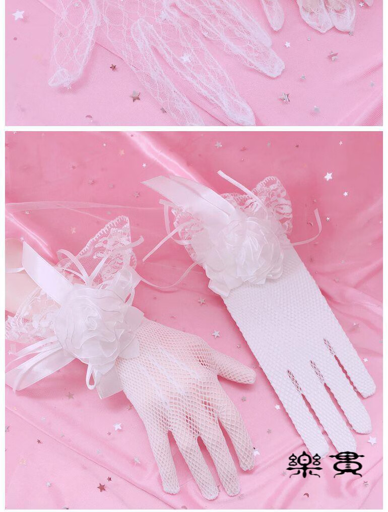乐贯 日系软妹白色蕾丝手套少女心lolita网纱蝴蝶结花朵蕾丝手套lwc
