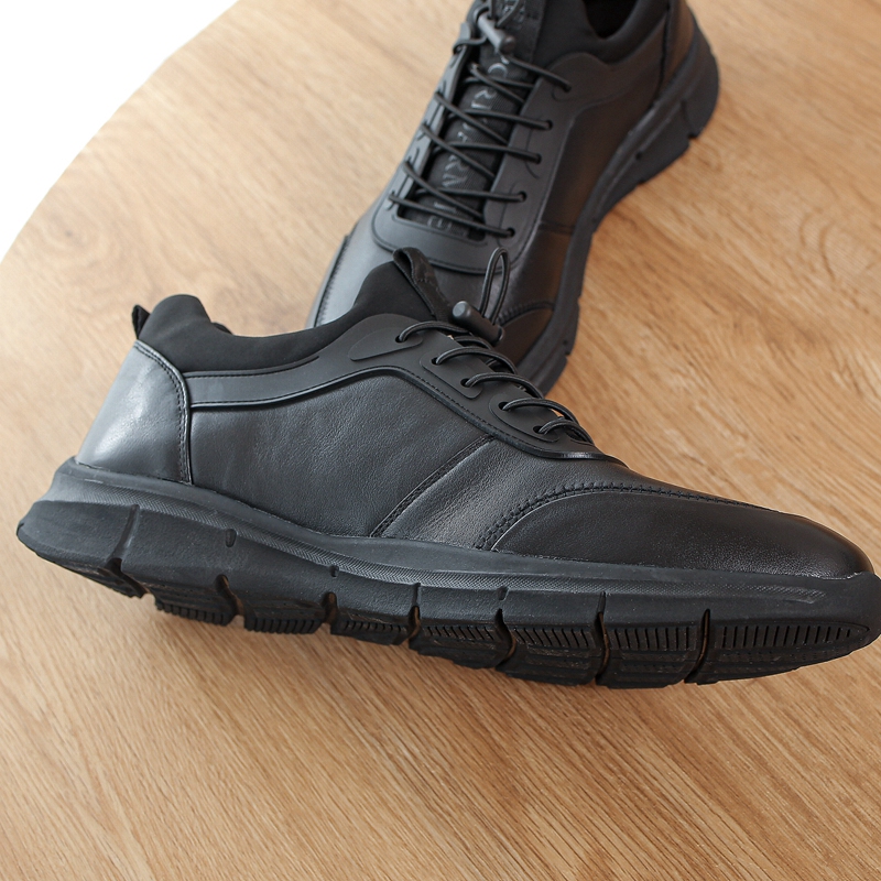 保罗 全牛皮男装真皮运动鞋男头层牛皮纯百搭休闲男鞋 黑色 40【图片