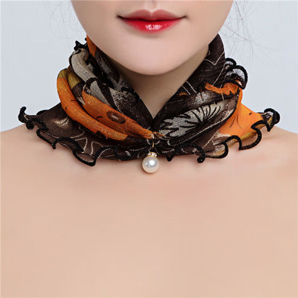 待婉珍珠网纱丝巾春秋薄款韩版网纱套头珍珠小围脖女脖套护颈丝巾时尚