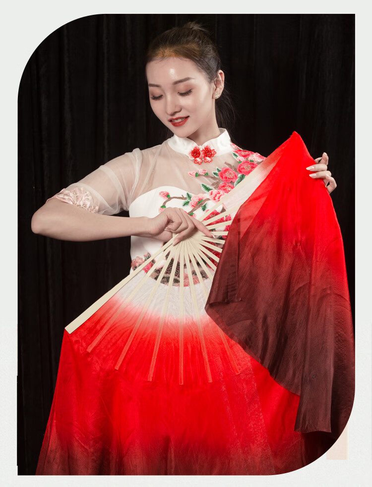 万疆舞蹈扇子广场大双面深红色加长胶州秧歌古典舞扇跳舞扇子蚕丝白色