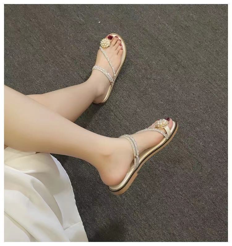 夏2022新款平底网红水钻时尚外穿百搭女士两穿凉鞋ins潮升级版黑色38