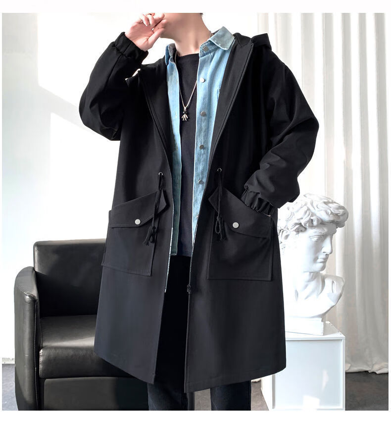 富贵鸟(fuguiniao)黑风衣外套男春秋中长款男士秋季男装2022新款日系