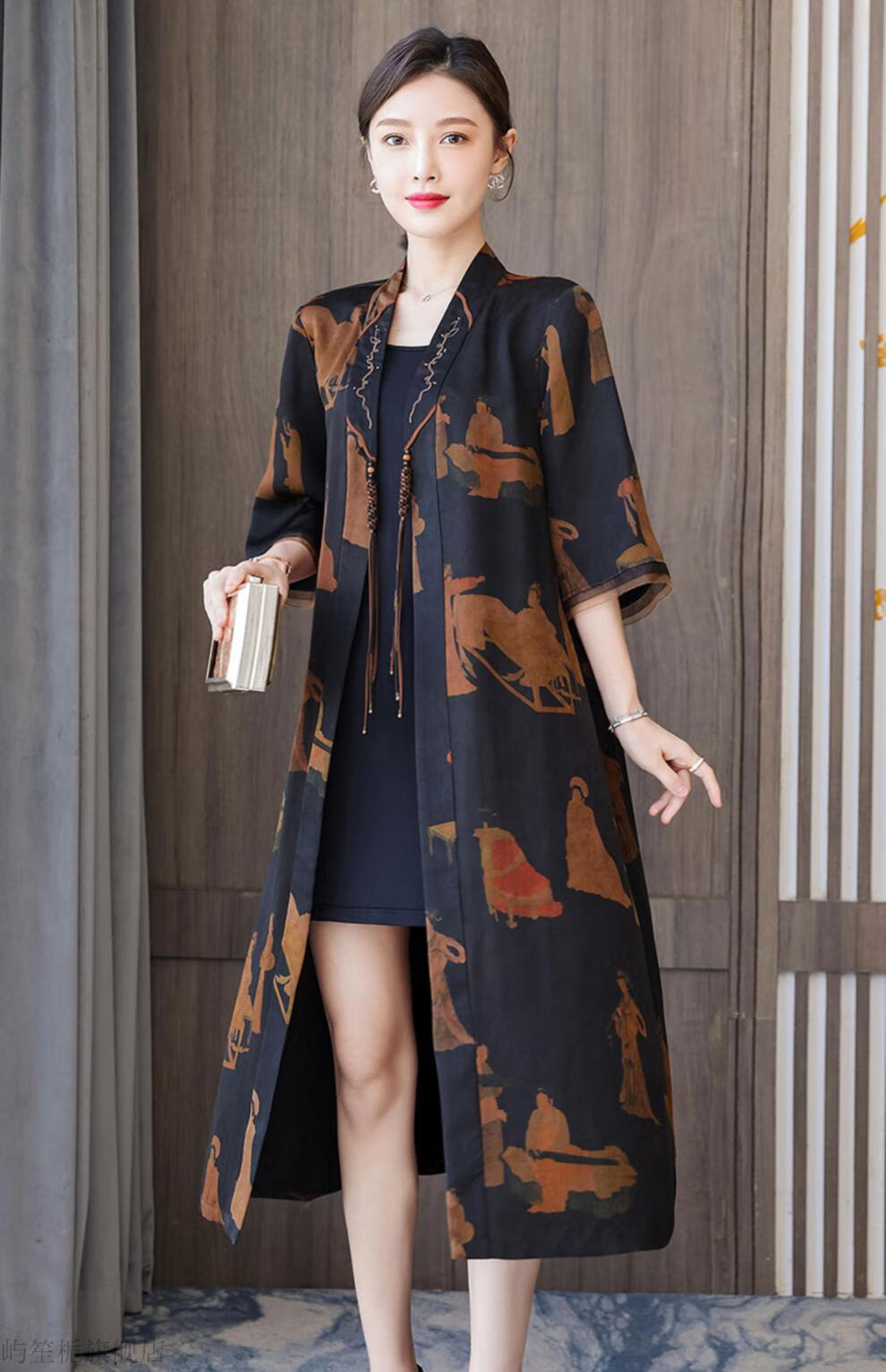 好质量正宗香云纱风衣女中长款开衫外披真丝桑蚕丝外套中老年女装