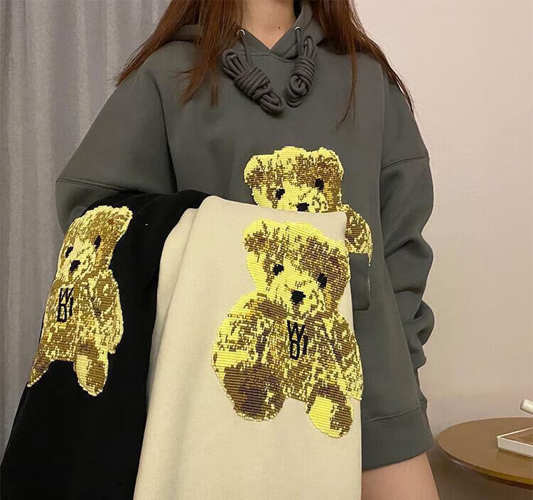 semalamwe11done金智妮jennie同款黑灰色小熊刺绣宽松inswelldone卫衣