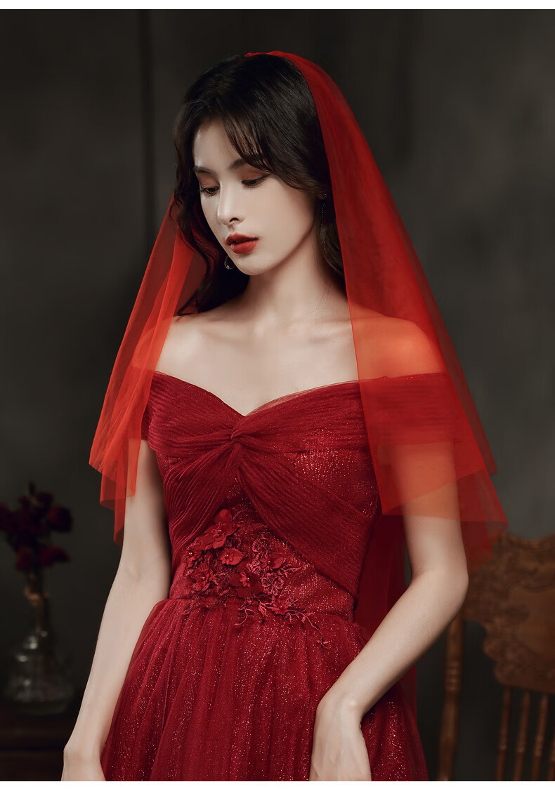 红色头纱新娘主婚纱长款秀禾服红盖头结婚短款蕾丝中式复古风网纱红色