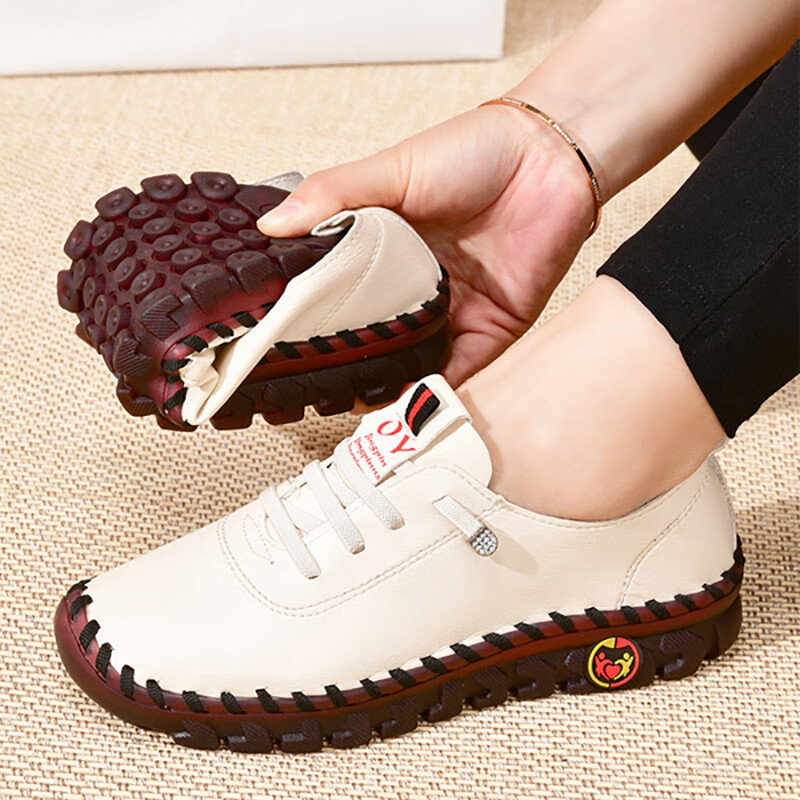 娜都通妈妈鞋玛莎女鞋法式纯皮牛筋软底软面军旅风单鞋女平底妈妈鞋女