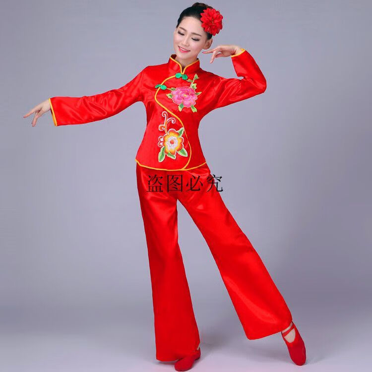 新款秧歌服民族舞蹈表演服中老年秧歌服装广场舞蹈服腰鼓舞服2朵花