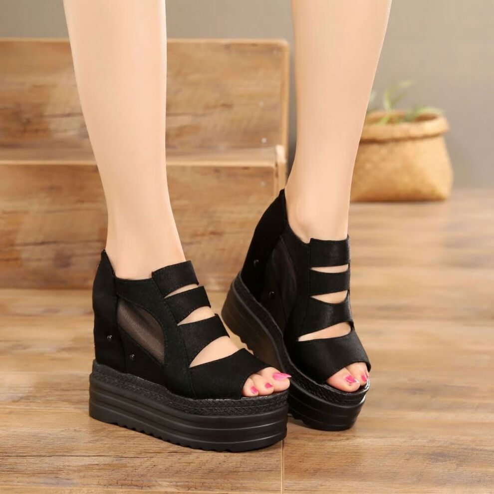 恨天高高跟鞋走秀12cm超高跟坡跟凉鞋防水台松糕厚底网纱鱼嘴鞋春夏内