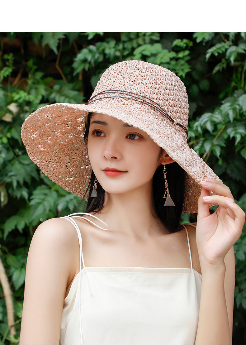 草帽编织太阳帽女凉帽夏季沙滩编织草帽女士大帽檐遮阳防晒渔夫帽平板