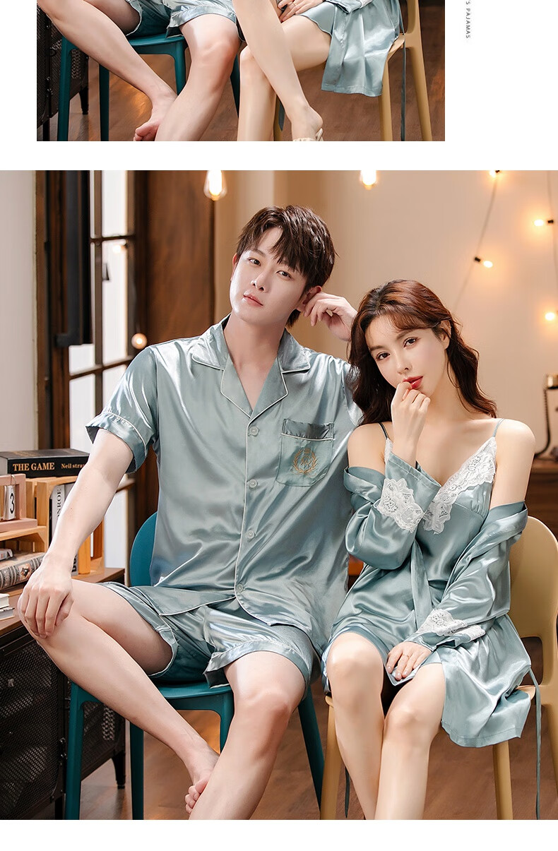 南极人冰丝情侣睡衣女夏季性感吊带裙睡袍2022年新款薄款短袖丝绸男
