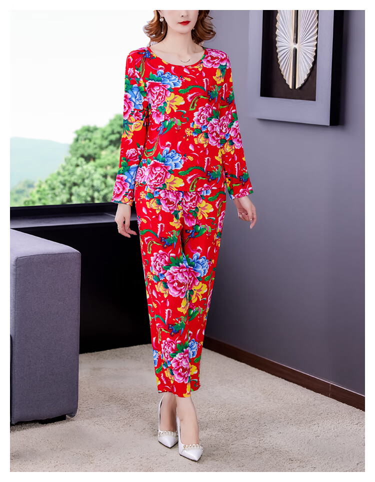 东北大花绸睡衣居家服女春夏宽松中年妈妈上衣长裤休闲两件套装 红色