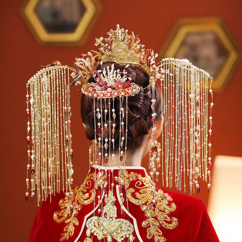 秀禾凤冠头饰 中式新娘秀禾头饰古装流苏发饰古装秀禾服结婚婚纱凤冠